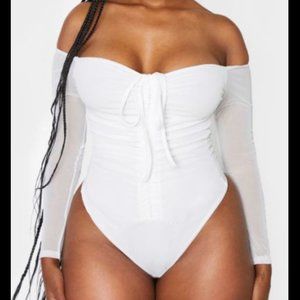 NWT White Mesh Long Sleeve Ruched Bodysuit